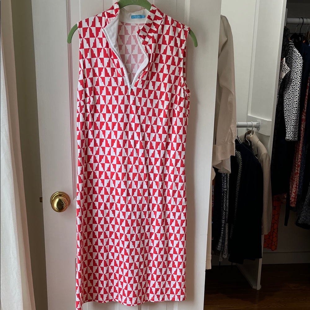 J. McLaughlin Red and White Geometric Midi Dress